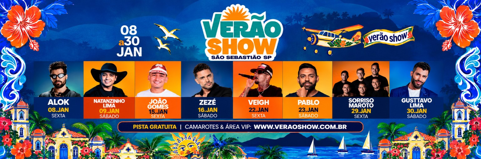 Verão Show: programação de 8 a 30 de janeiro; pista gratuita, camarotes e área VIP