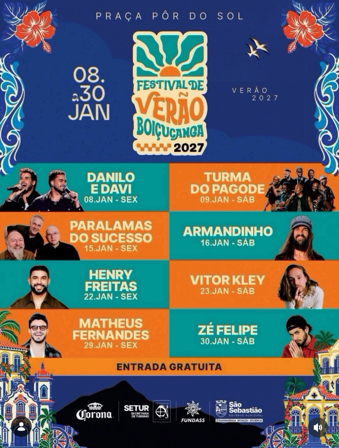Programação do Festival de Verão Boiçucanga 2027, na Praça Pôr do Sol, com entrada gratuita